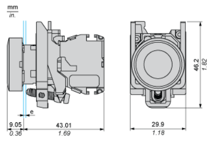 標準型（⾦属ヘッド、キャップ、固定枠付き）ZB4RTA*　外形寸法図