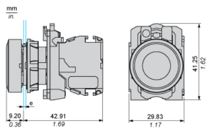 標準型（プラスチックヘッド、キャップ、固定枠付き）ZB5RTA* 外形寸法図